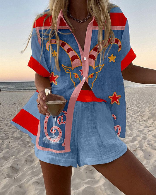 Jorelle | Kort linnen playsuit met geitenprint