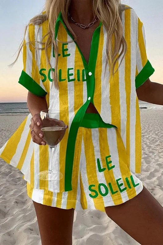 Halora™ | Kort linnen overhemd met gele strepen